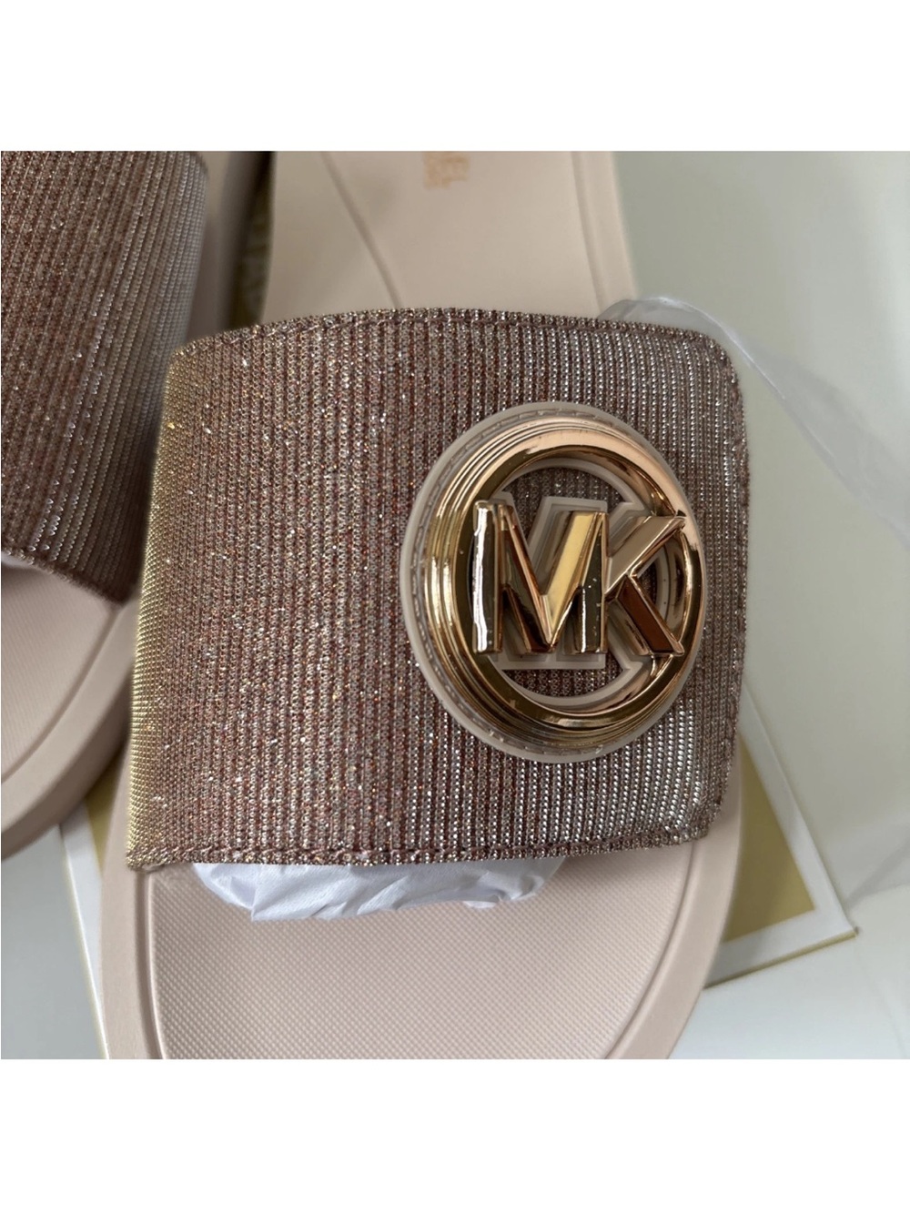 Michael Kors Women's MK Glitter Chain Mesh Charm Slide, Rose Gold, 8 Brand New - Picture 4 of 14